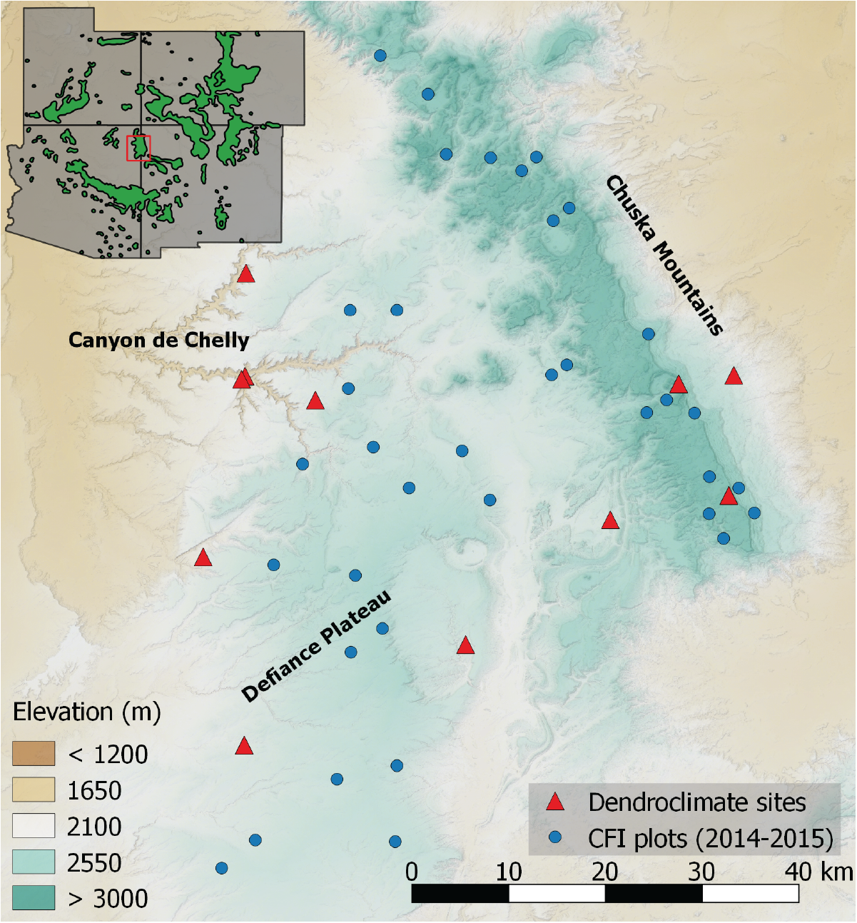 Spatial distribution of tree-ring sample sites and CFI plots on the Navajo forest. Inset map shows the location of the study area in the Four Corners, with green areas representing the range of ponderosa pine.