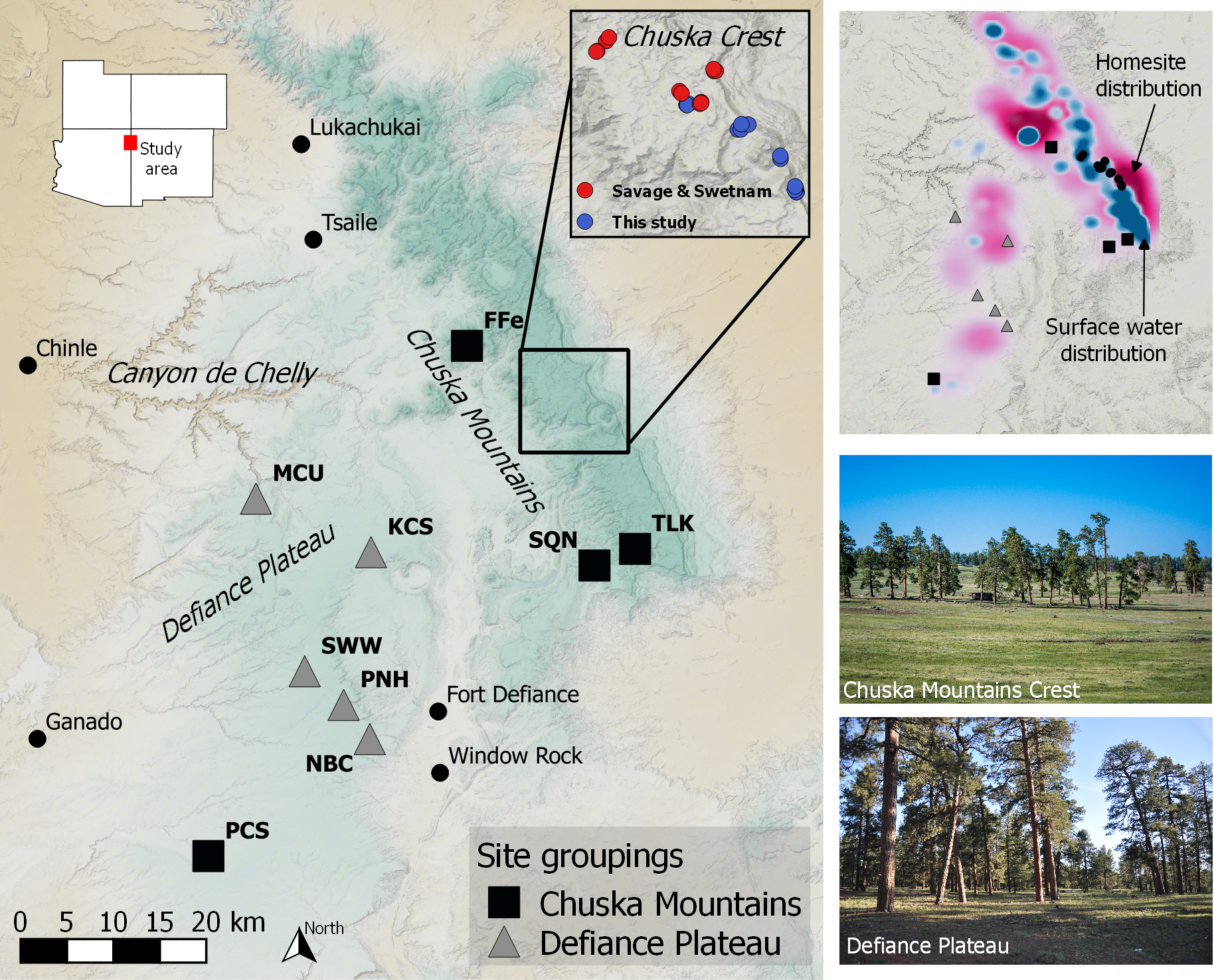 Distribution of fire-history sample sites in Navajo forests. On the left map, the inset on the upper left shows the study area location in the Four Corner States; at the upper right is the distribution of trees collected by Savage and Swetnam (1990) with our additional sampled trees. The upper-right map shows the density of present-day homesites and lakes in the study area, as an indication of historical concentrations of land use. At bottom right are photos of the Chuska Crest (credit Dan Ferguson) and the Defiance Plateau (credit Chris Guiterman).